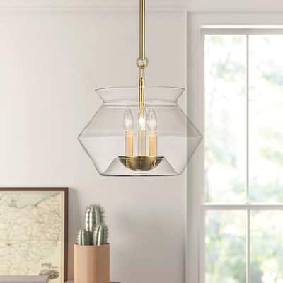 Modern 3-Light Candle-Style Sculptural Clear Glass Pendant - Brass