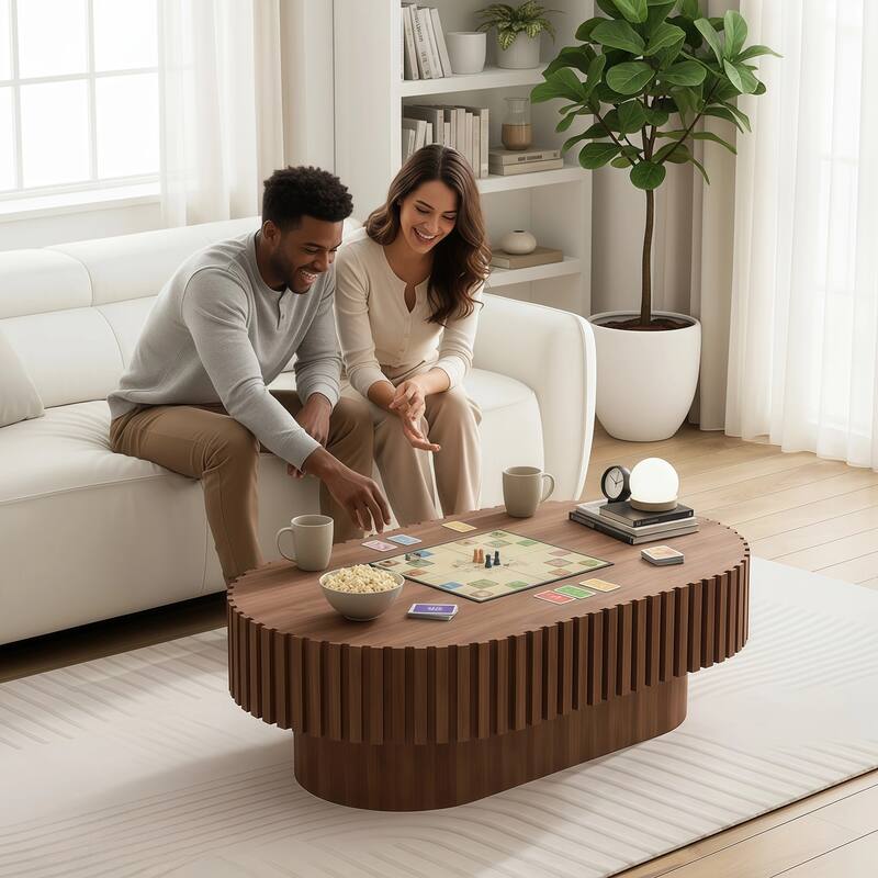 Oval Coffee Table for Living Room, Mid Century Modern Wooden Table with Pedestal, Unique Drum Tea Table Side Center Table