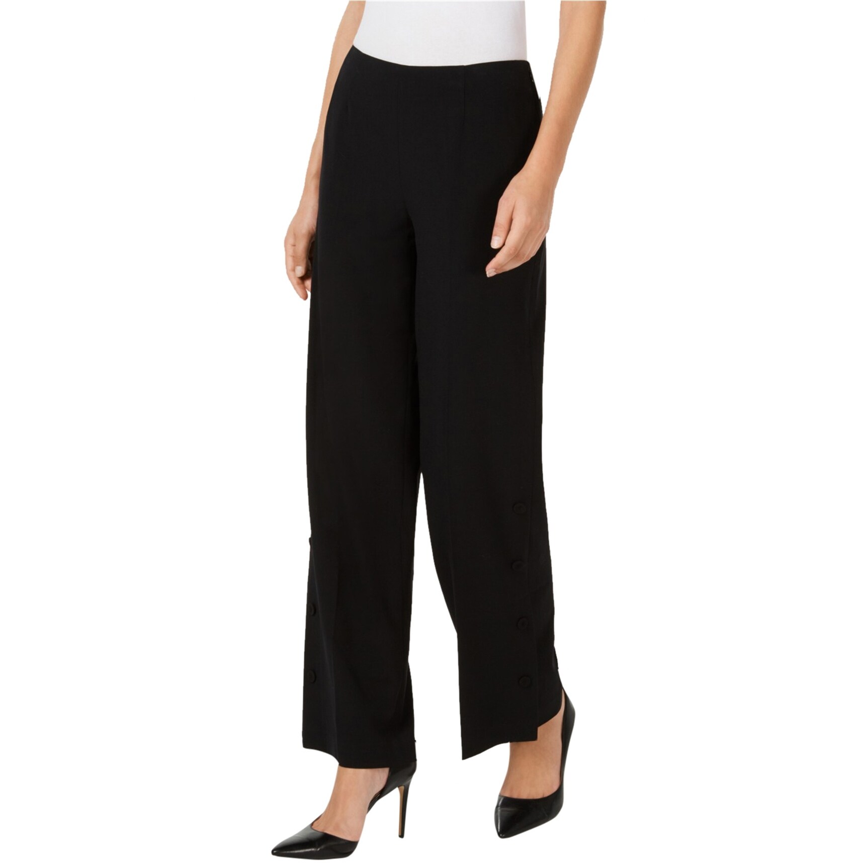 Shop Nine West Womens Button Detail Casual Wide Leg Pants Black 10 Overstock 32149834 Monki lizette recycled wide leg jeans with paperbag waist in mid wash blue. overstock com