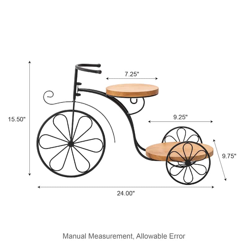 Glitzhome 24"L Spring Metal Tricycle Planter Stands Flower Pot Cart with Wood Trays
