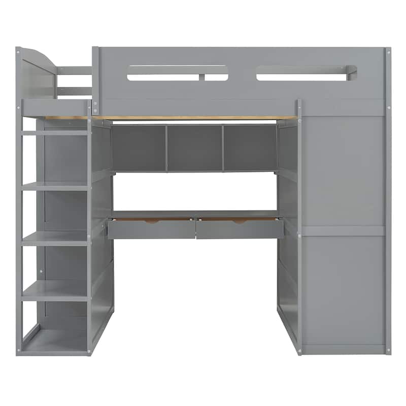 Full/Twin Size Loft Bed with Desk, Wardrobes, 4 Drawers and 4 Shelves