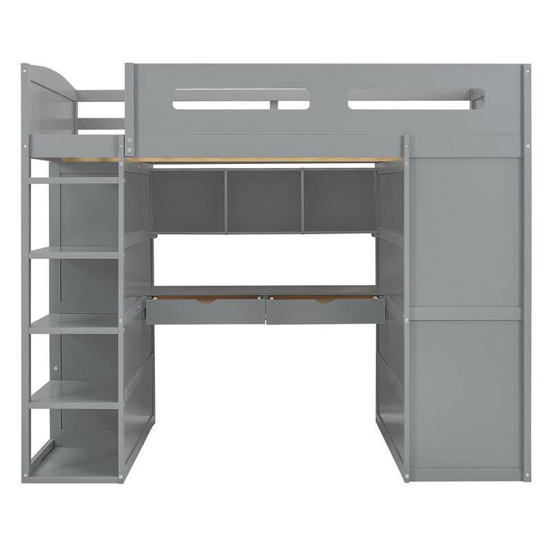 Twin/Full Size Loft Bed with Bulit-in Wardrobes, Desk and 4 Drawers, Solid Wood Loft Bedframe with 4-Tier Storage Shelves