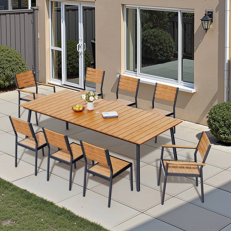 Pellebant 7/9PC Outdoor Rectangle Aluminum Dining Table with Stackable Chairs - 94.5in-Brown-9PC