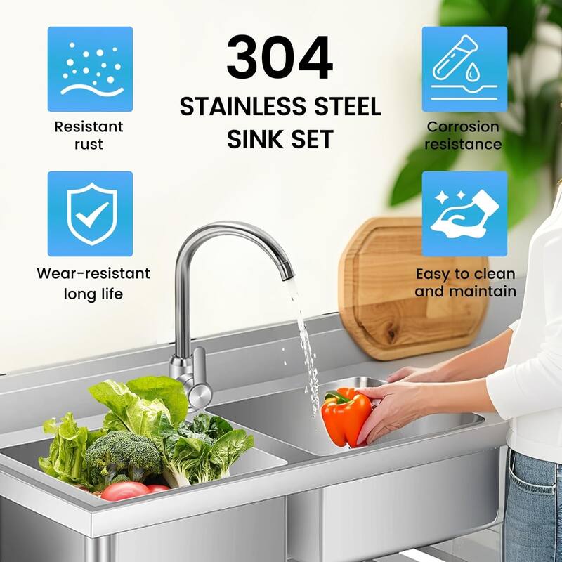 47" FreeStanding Double Bowl Commercial Kitchen Sink with Cold and Hot Water Pipes