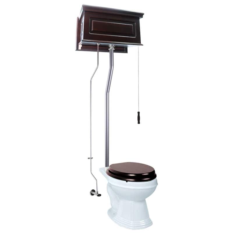 Dark Oak Wooden High Tank Toilet Raised Tank, Round White Bowl and Satin L Pipes