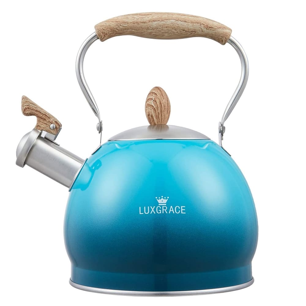 Creative Home 2.6 Qt. Stainless Steel Whistling Tea Kettle Teapot with Folding Handle, Aluminum Capsulated Bottom, Blue