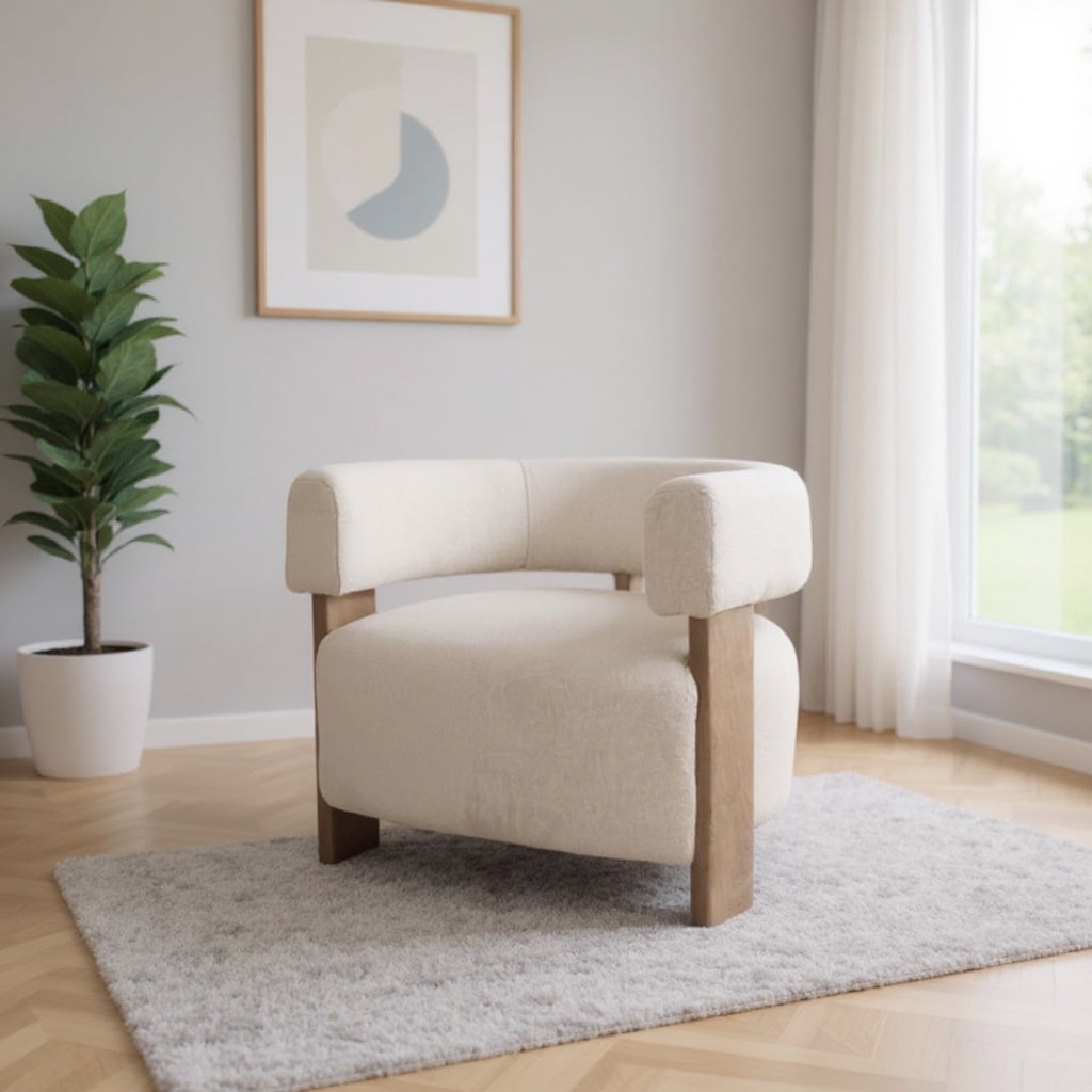 HomeRoots 31" White and Brown Boucle and Solid Wood Arm Chair - 31.00 in. x 27.50 in. x 37.50 in.