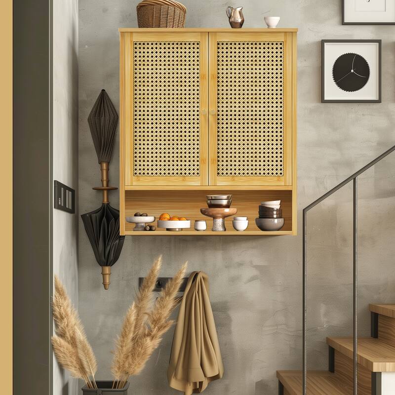 Bamboo Wall Mounted Cabinet Hanging Storage Cabinet with 3 Shelves