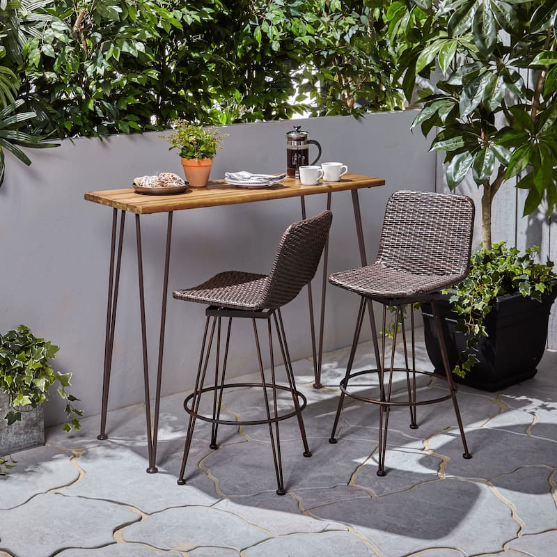 Penley Outdoor Modern Industrial 3 Piece Acacia Wood Bar Set by Christopher Knight Home - teak finish + rustic metal