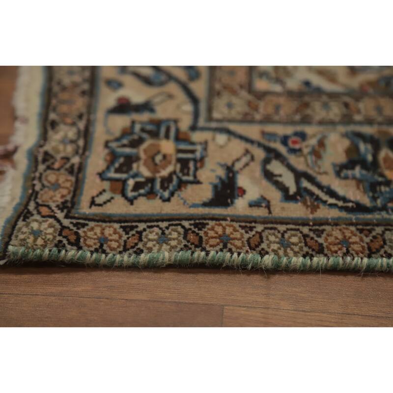 Hand Knotted Oriental 100% Wool Carpet Traditional Floral Beige & Ivories Kashan Runner Rug - 12' 8'' X 3' 3''