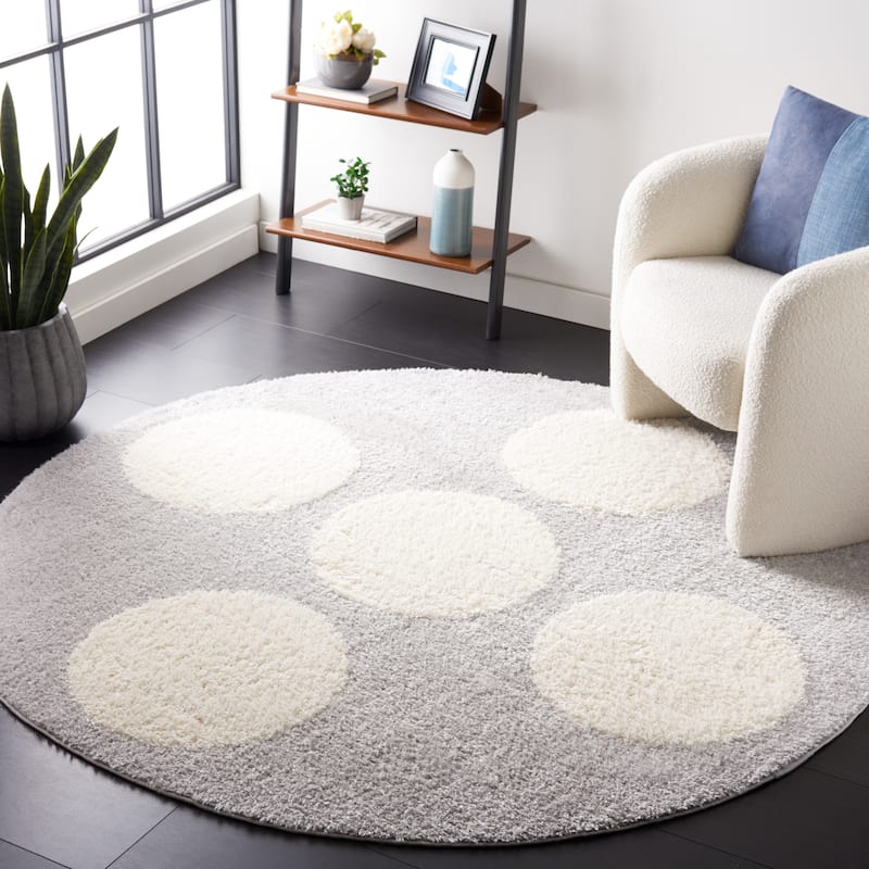 SAFAVIEH Norway Shag Florie Geometric Dot 1.2-inch Thick Rug - 6'7" Round - Grey/Ivory