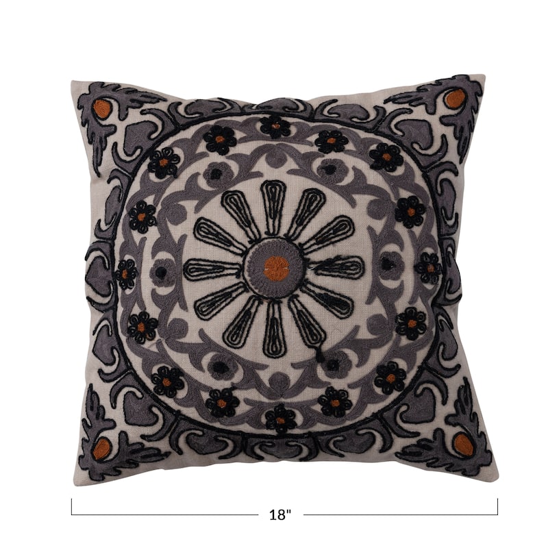 Cotton Throw Pillow with Embroidered Floral Pattern and Chambray Back