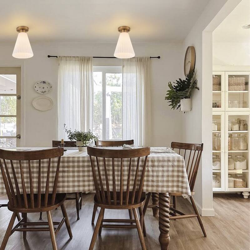 Vintage 1-Light Glass Cone Flush Mount Ceiling Light - Brass