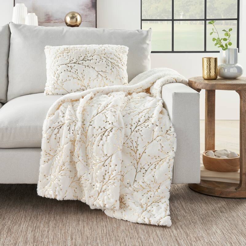 Mina Victory Faux Fur Metallic Branches Indoor Accent Pillows or Throw - 50" x 60" - Ivory Gold