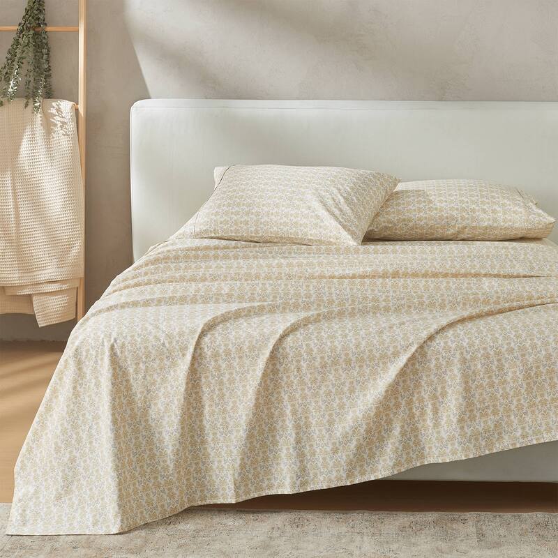 Patina Vie Maison 100% Cotton Percale Vintage Floral Sheet Set - Full - White / Mustard Yellow Floral
