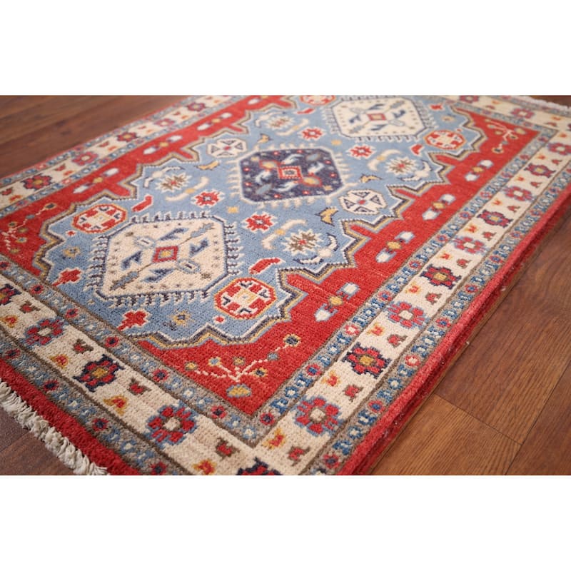 Blue Geometric Kazak Foyer Rug Handmade Traditional Wool Carpet - 2'1" x 2'11"