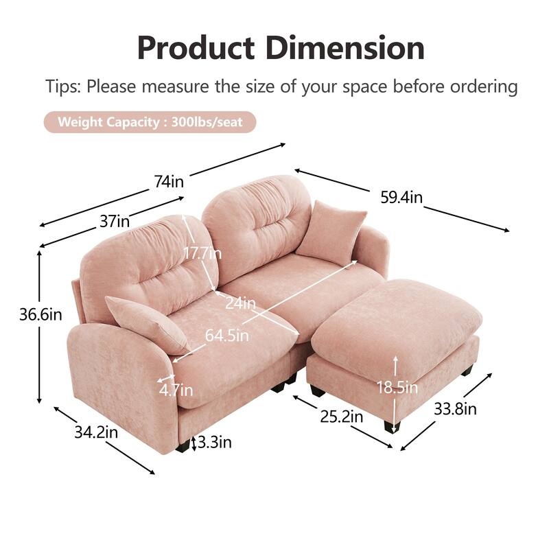 2 Seat Chenille Sofa Round Arms Sectional Sofa, Modern 74" Tufted Back Couch with Ottoman for Lving Room, Small Space