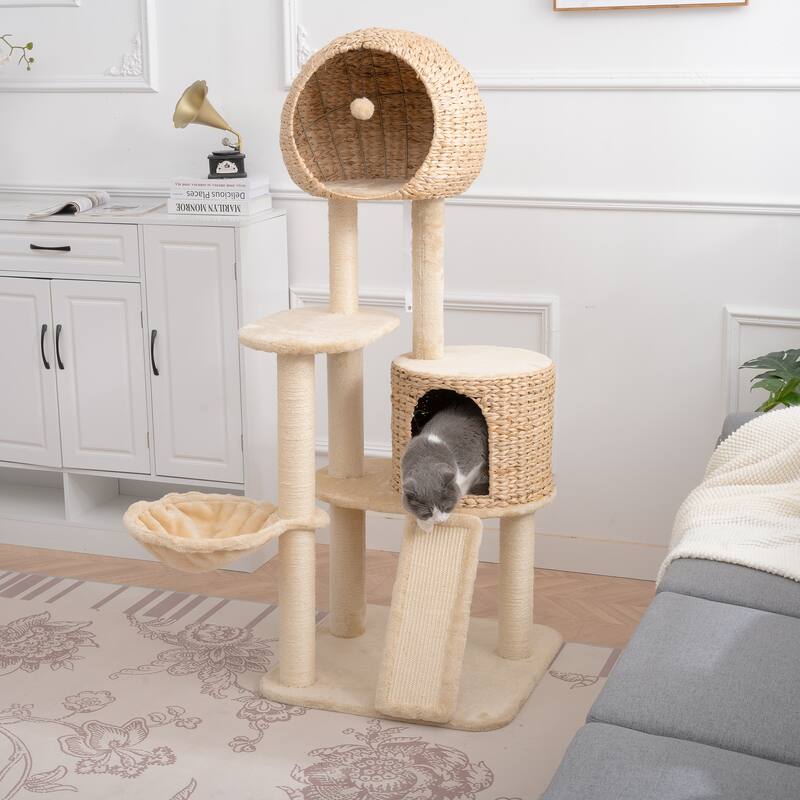 Cat Tree, 59-Inch Cat Tower, Plush Multi-Level Cat Condo with 2 Perches,2 Caves, Cozy Basket and Scratching Board
