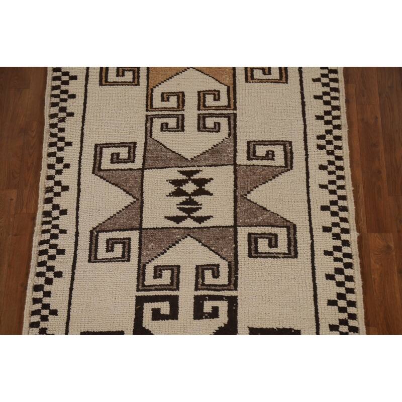 Tribal Beige Plush Anatolian Turkish Runner Rug Handmade Wool Carpet - 3'7"x 11'2"