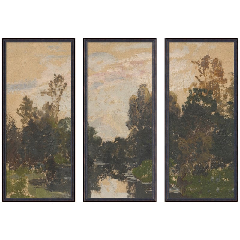 Kate and Laurel Landscape by the River Barycz Adolf Dressier 3 Piece Framed Wall Art Print Set by Nostalgia Prints - 3 Piece Set 18x41