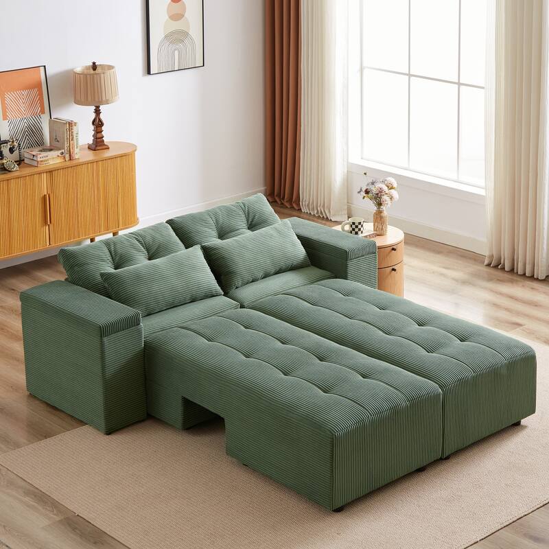 94'' Corduroy 3-in-1 Convertible 3 Seater Sleeper Sectional Sofa with 4 Storage Compartments and 4 Pillows