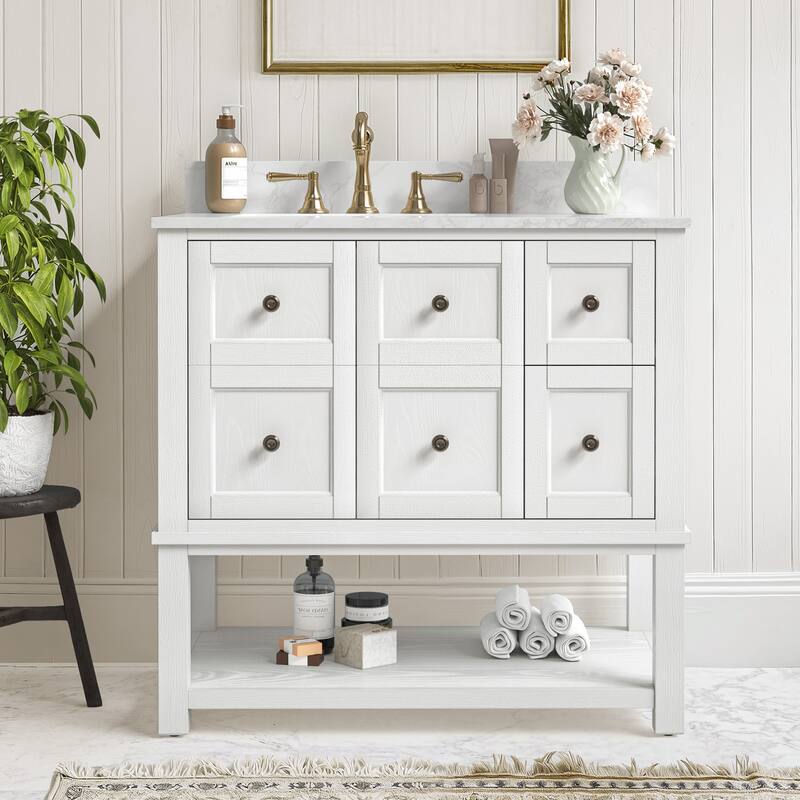 48" Bathroom Vanity with Sink, Marble Countertop Single Bathroom Vanity with 6 Drawers, White - 36" x 22"x 35" - White