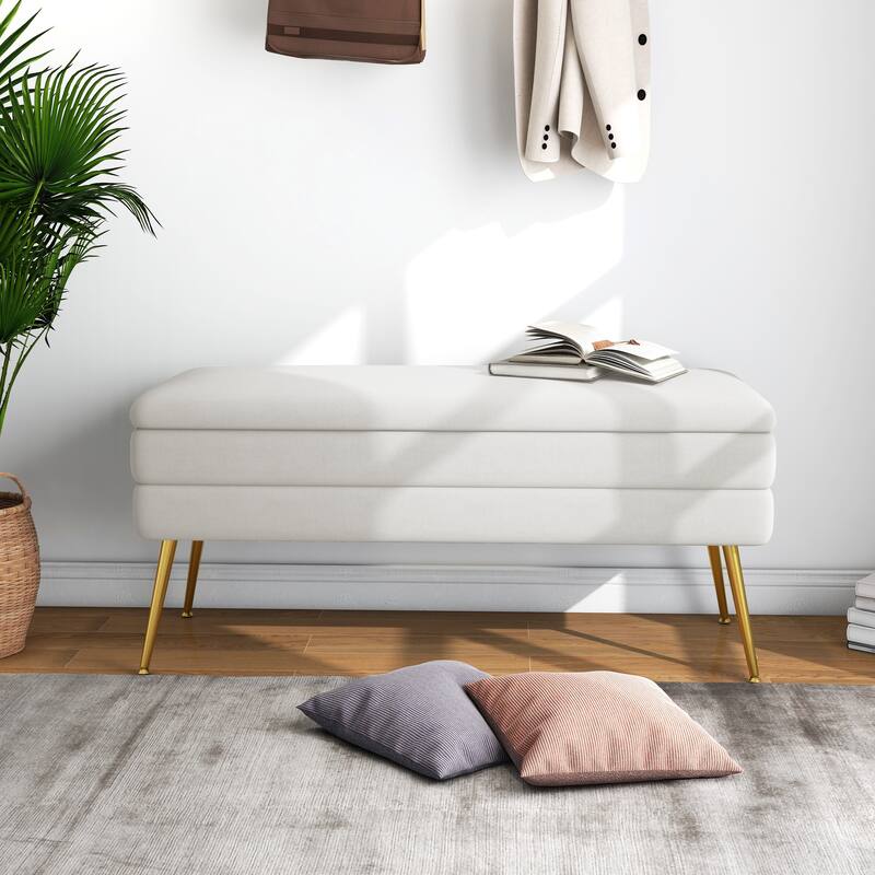 Modern Velvet Storage Ottoman Bench with Metal Legs