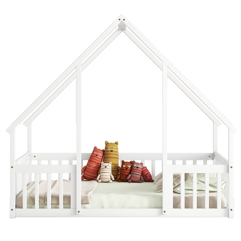 Full Size House-Shaped Floor Bed with Safety Guardrails, Pine Wood Structure, Fun & Safe Bed for Kids & Toddlers
