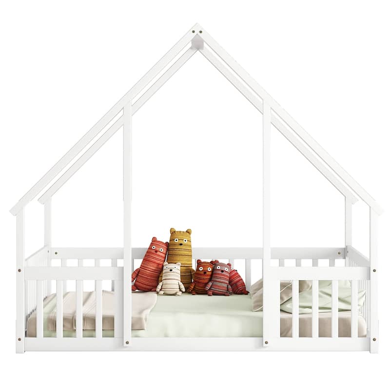 Modern Full Wood House-Shaped Floor Bed with Guardrails and Fence for Bedroom, Guest Rooms