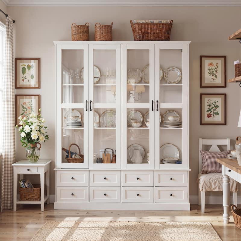 63" Lighted Glass Display Cabinet Curio Cabinet with Bluetooth LED Lights, White China Cabinet Storage for Living Room