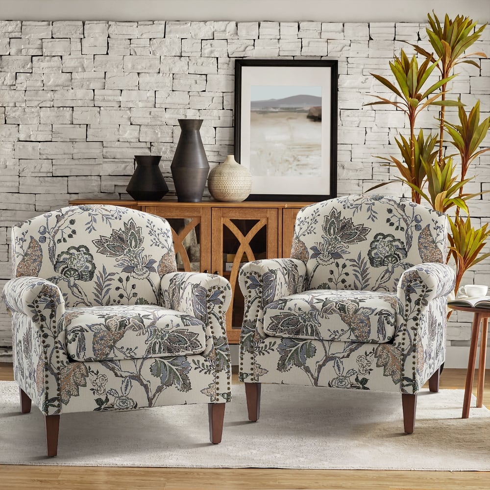 Giampiero 31" Farmhouse Living Room Floral Armchair with Nailhead Trims Set of 2 by HULALA HOME