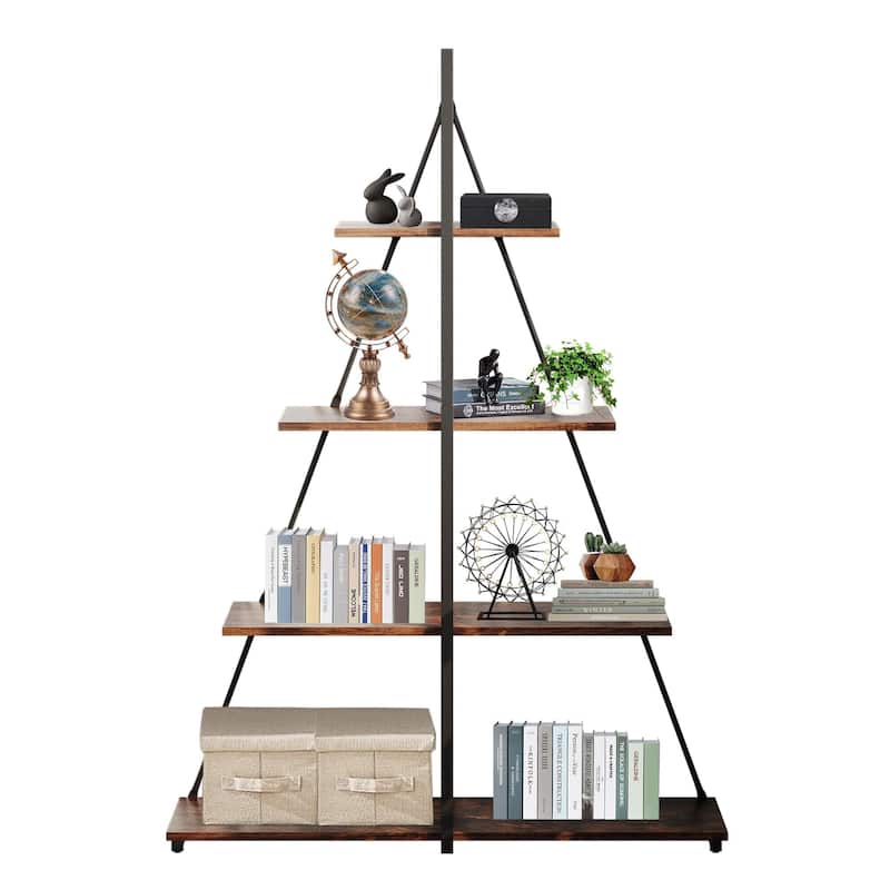 4-Tier A-Frame Ladder Bookshelf, Brown Stylish Ladder Bookcase - Brown