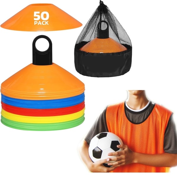 slide 2 of 8, 50 Disc Cones 12 Pinnies Scrimmage Vests Team Practice Training Jersey 8-11 Years - Orange