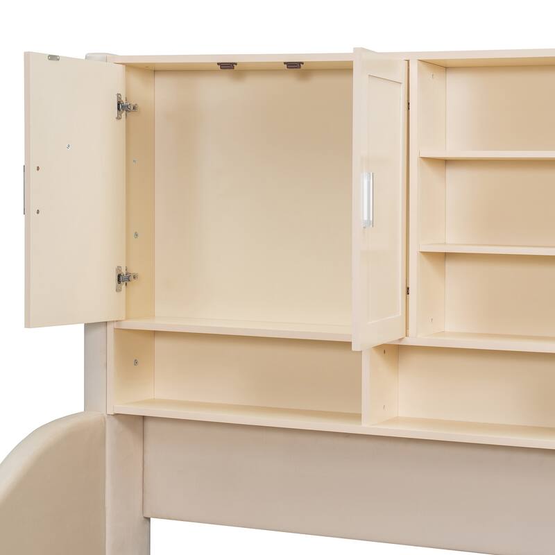 Twin Size Upholstered Daybed Sofa Bed with All-in-one Bookcase Storage Cabinets Shelves, Pull-out Lift-up Trundle, Arm Lights