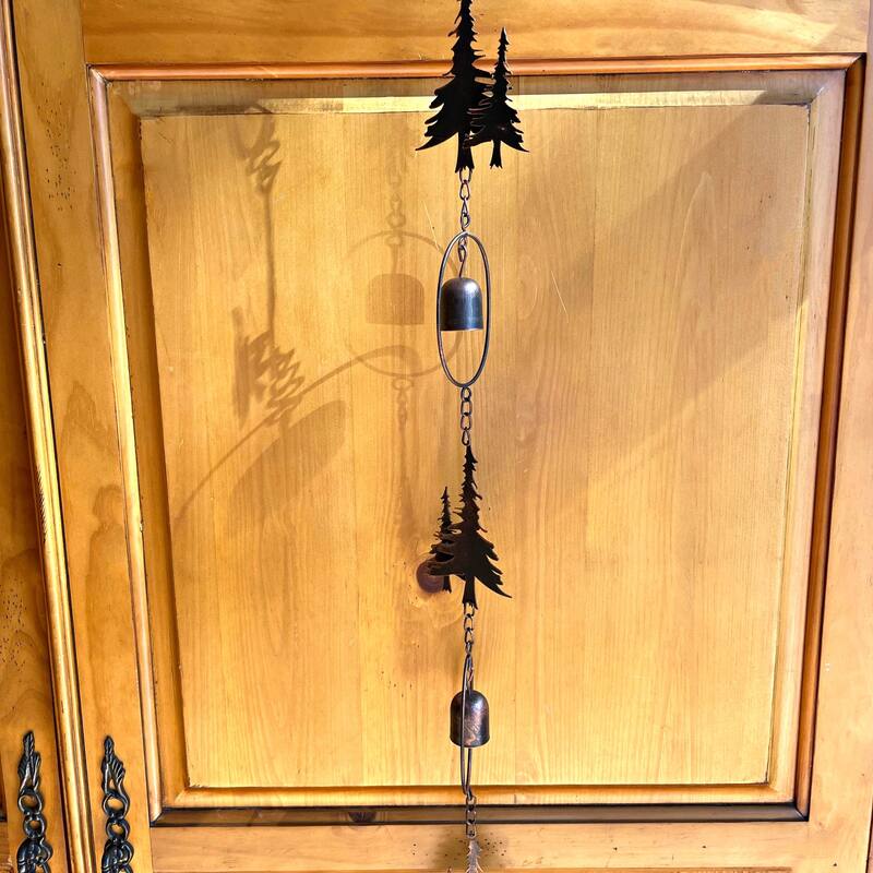 70" Metal Rain Chain - Forest Trees & Zen Bells, Aged Bronze, 3.25" - 3.25 X 70 X 0.25 inches