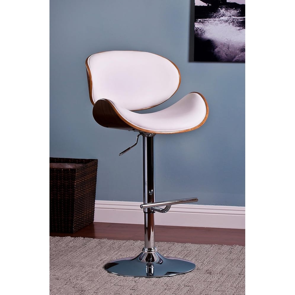 Modern Contemporary Swivel Walnut Bentwood Lift Adjustable Height Bar Stool with Curved Seat and Back (White)