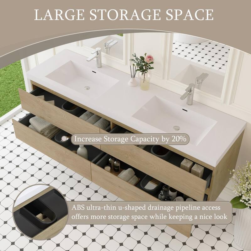 Modern Wall-Mounted Bathroom Vanity with White Solid Surface Top