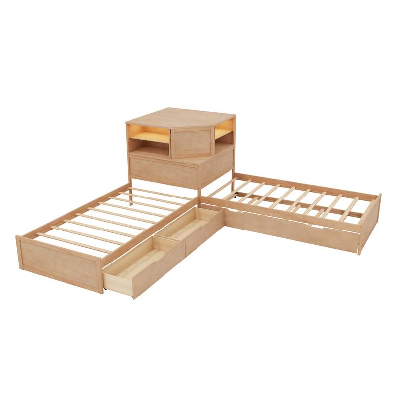 All-in-one Low Profile Platform Bed with Trundle and Drawer, Wooden Floor Bed Linked Corner Bed Built-in Desk and Led Downlight