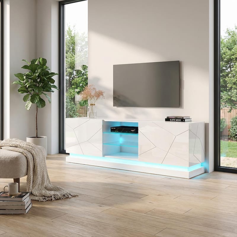 Meble Furniture Qiu Modern TV Console 63" or 79" Wide High Gloss Finish with LED Lights - Entertainment Center for up to 85" TVs