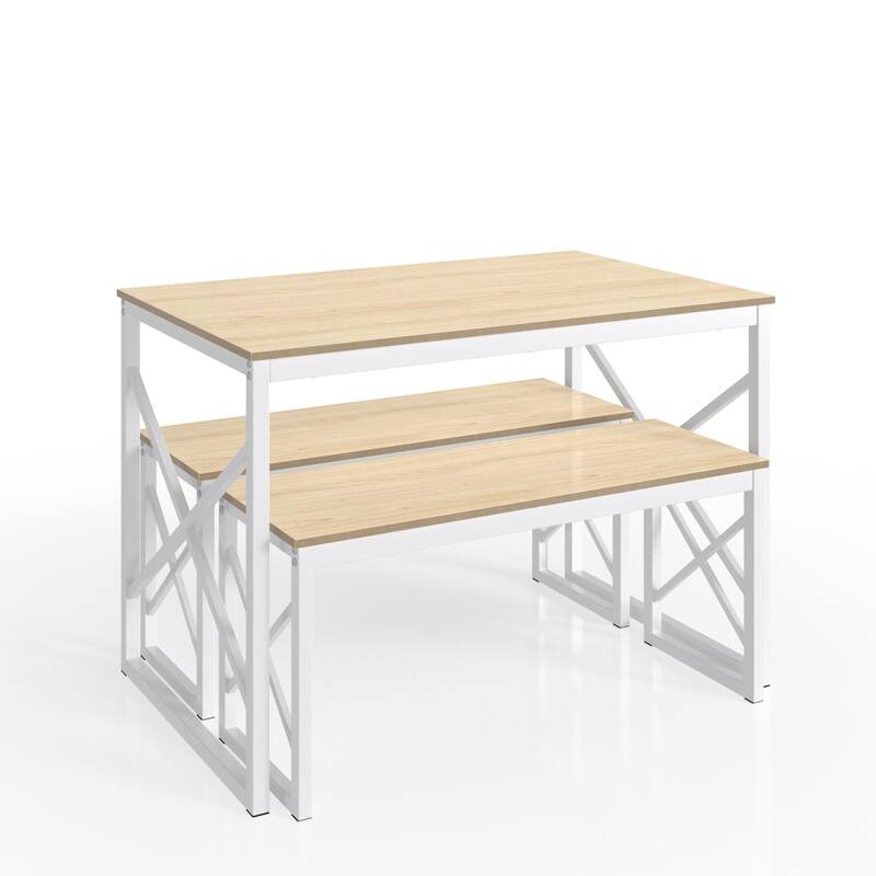 44.3" Dining Table with Benches Kitchen Table set for 4 Rectangular Dining Room Table Set with 2 Metal Wood Benches