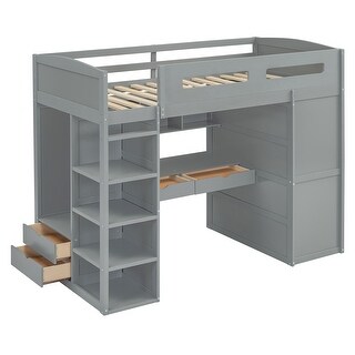 Twin Size Loft Bed with Desk, Wardrobes, 4 Drawers and 4 Shelves, Grey