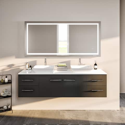Totti Wave 72" Espresso Modern Double Sink Bathroom Vanity w/ White Glassos Top & Sinks
