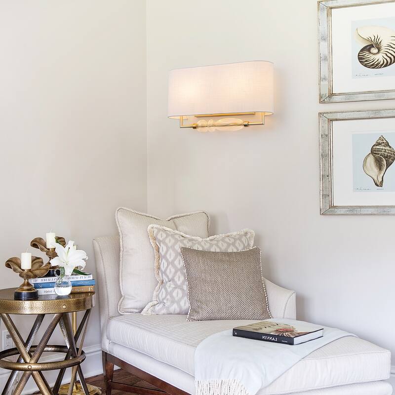 2-Light Wall Sconce Half-Open Linen Shade Striped Glass Globe Accent