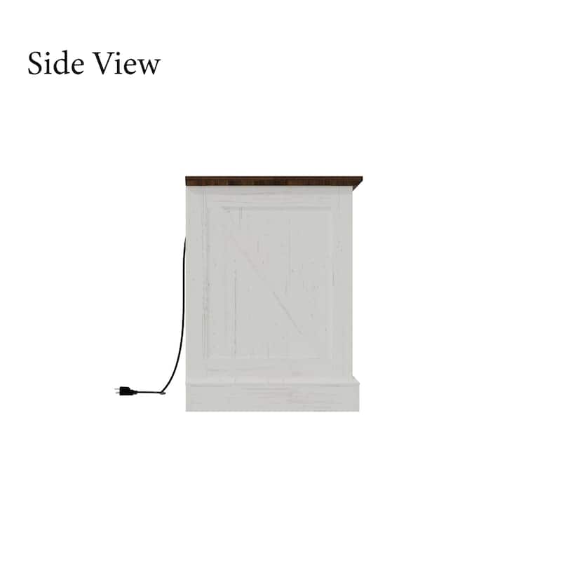 Farmhouse Nightstand with 2 Drawers, Open Shelf & Power Port, Rustic Bedside Table, Antique Brass Handles, White/Grey