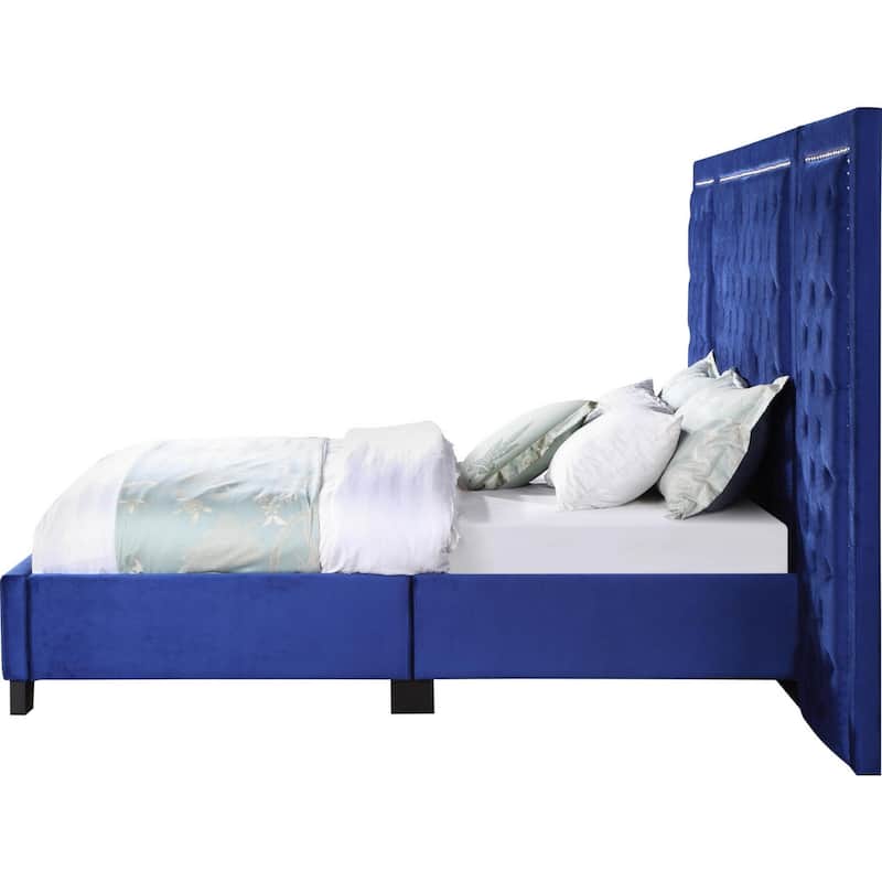 Cleo Queen Bed, Velvet, XL 3 Panel Tall Headboard, Crystal Tufted, Blue
