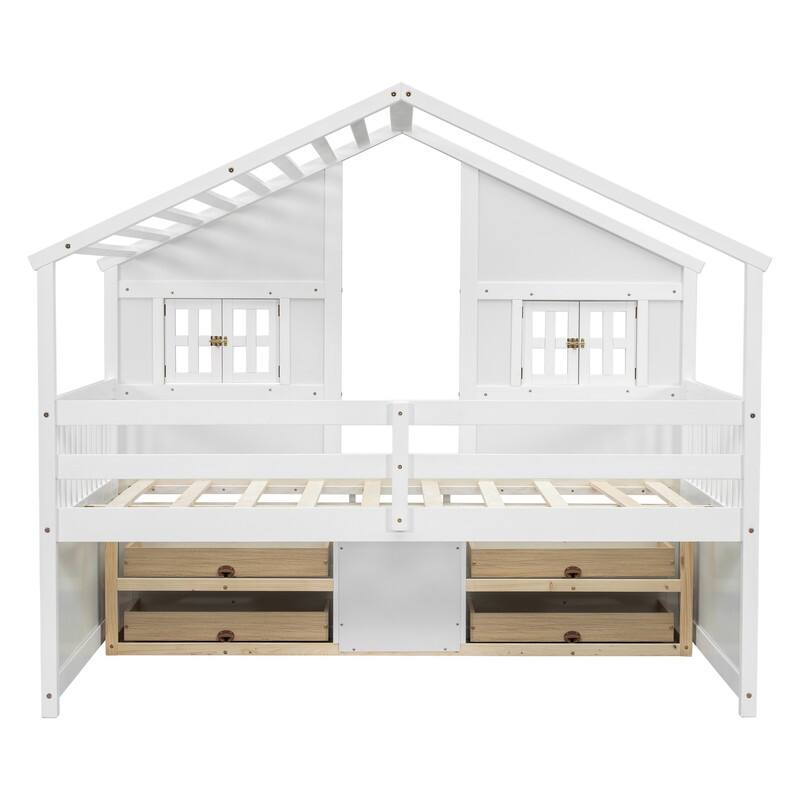 Full Size House Loft Bed with Roof, Windows,4 Storage Drawers with Guardrails