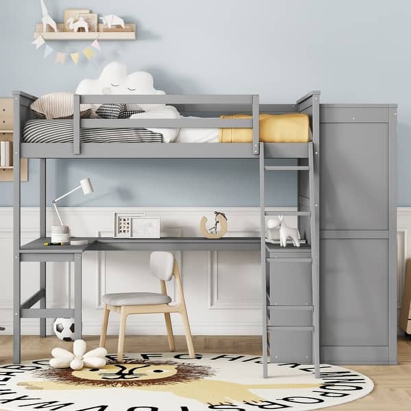 slide 2 of 9, Full Size Loft Bed with Desk(U-Shaped) & Storage Shelves & Wardrobe for Kids/Teen/Adults, Wooden Bedframe with Safety Guardrails Gray - Full