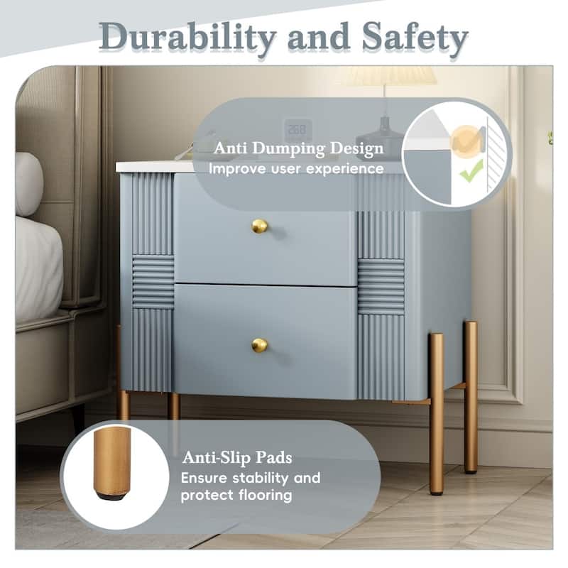Modern Nightstand with 2 Storage Drawer and Golden Metal Handles for Living Room