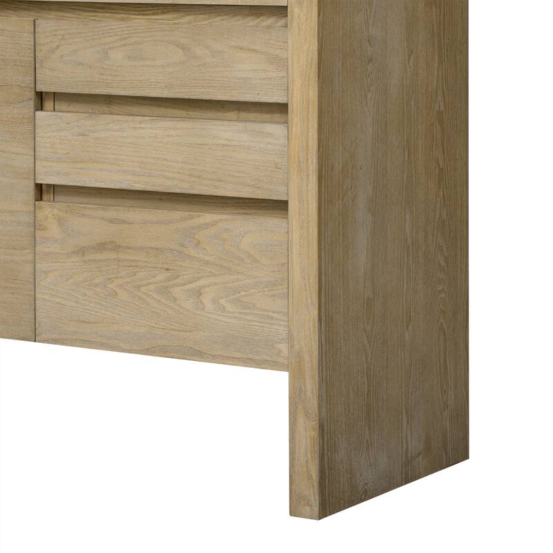 60" 3-Door Sideboard with 3 Drawers-Ash Veneer MDF Sideboard,Semi-Open Shelf，Center Semi-Circular Cutout,Storage Cabinet
