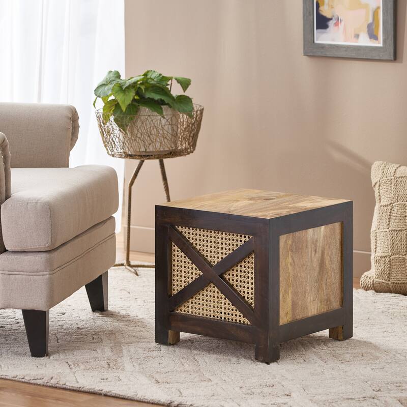 Roomfitters Rustic Mango Wood End Table with Woven Rattan Panel, Square Accent Coffee Table for Living Room, Natural
